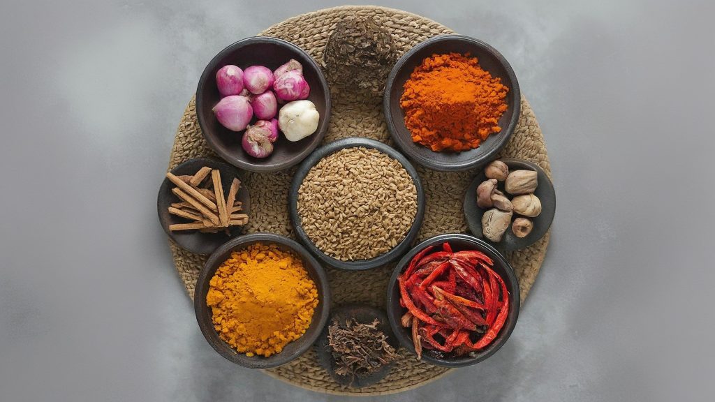 A variety of Indonesian spices including nutmeg, cloves, cinnamon, and pepper.