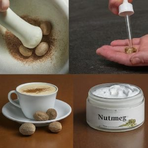 Photos of nutmeg being used in various applications (culinary, medicinal, cosmetic)