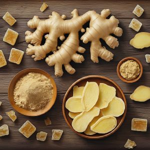 Fresh ginger root and powdered ginger in a bowl
