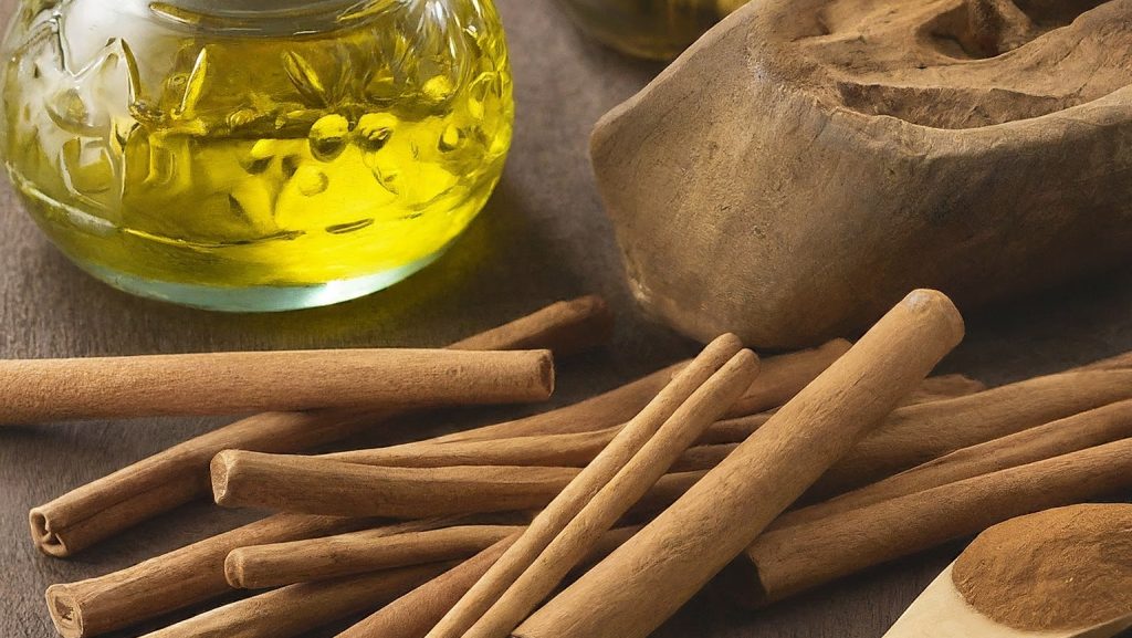 Collage of cinnamon in different forms: sticks, powder, and broken cinnamon.