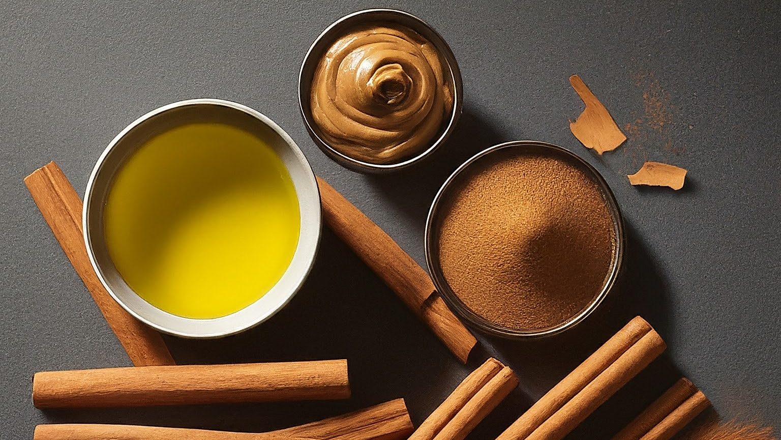 A wide image of Korintje cinnamon sticks and powder, set against a natural background, preferably showing the lush green highlands of Kerinci in Sumatra.