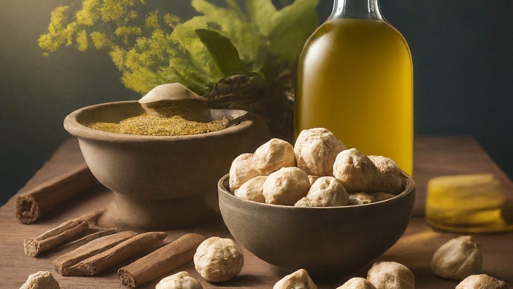 Wide image of different forms of candlenut: whole, powder, oil