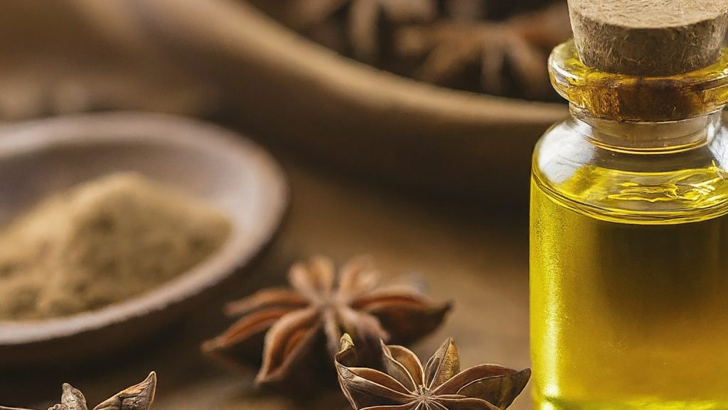 Wide image of Star anise in all kind of forms whole, ground, oil and paste