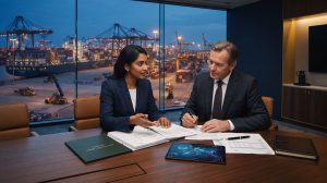 Business executives reviewing payment terms and trade documents for an international transaction