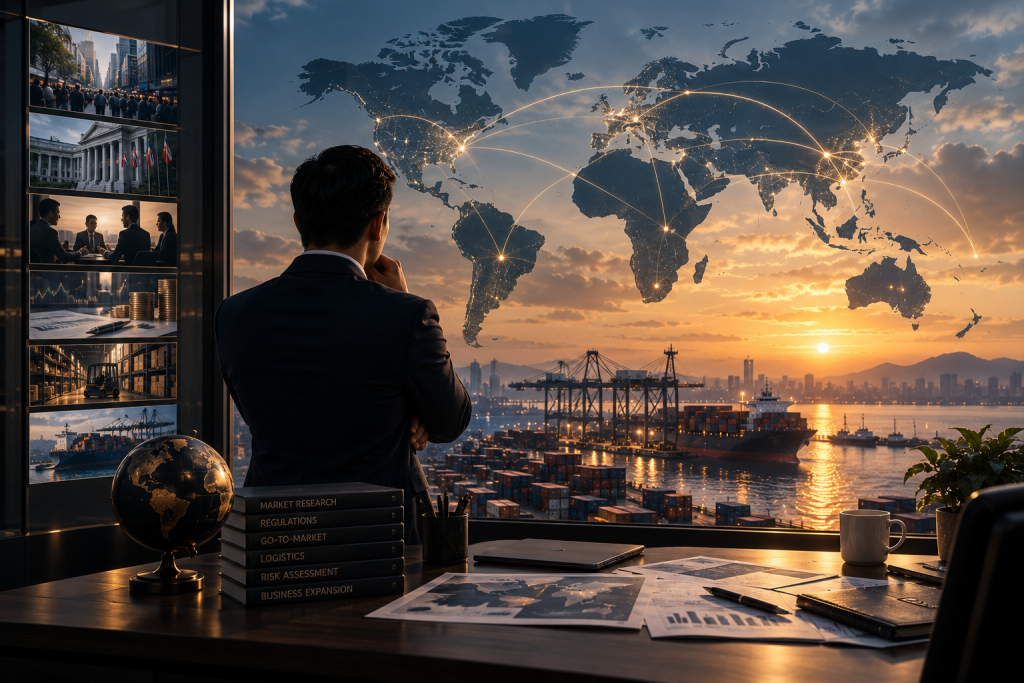 International business team evaluating market demand, regulations, logistics, and commercial opportunities before entering a new market