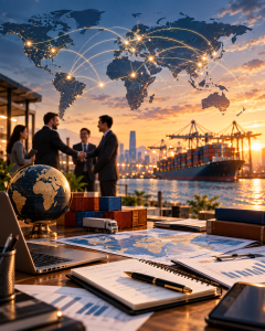 International business network connecting local partners, buyers, suppliers, market intelligence, and cross-border opportunities