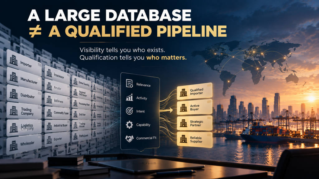 Buyer and supplier qualification framework showing a large trade database filtered into a smaller set of qualified commercial opportunities