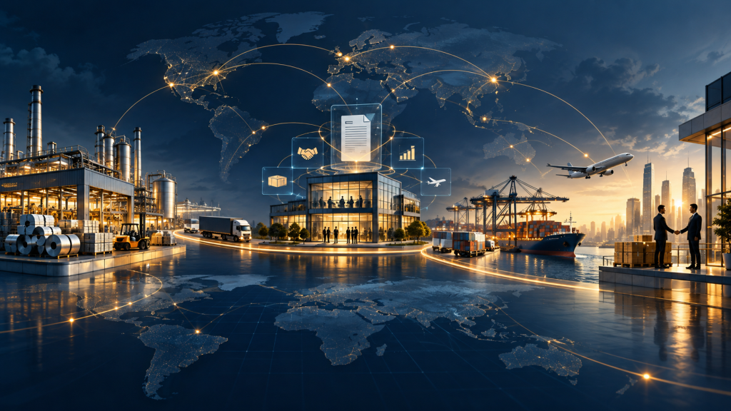 International supply structure showing manufacturer, trading house, distributor, and buyer roles across production, commercial execution, market access, and procurement
